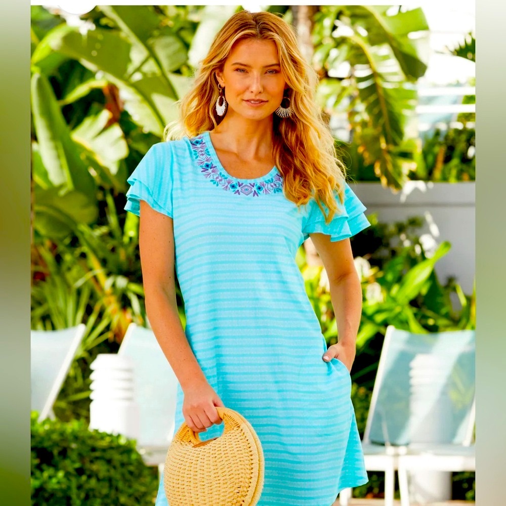 Cabana Life UPF50 Ruffle Sleeve Shift Dress NWT Pockets Aqua Nylon/Spandex